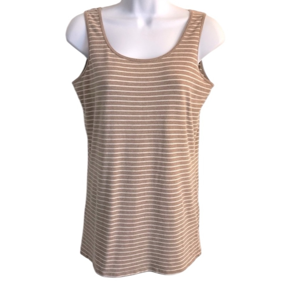 🔴 4/$15 Duluth Women’s M Tan Beige Stripe Scoop Neck Sleeveless Tank Top in EUC